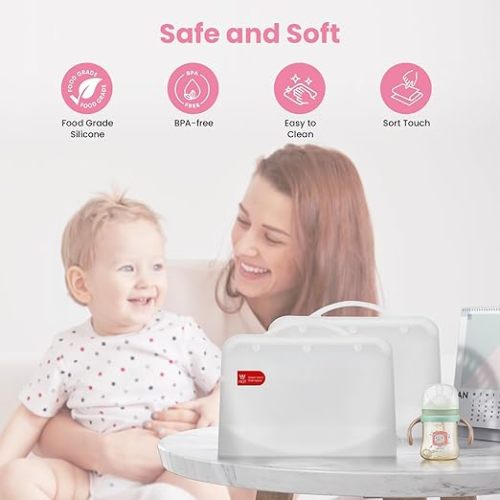 Silicone Microwave Steam Sterilizer Bags with Mini Oven Gloves, ZÜCÜBéBé Reusable Silicone Steaming Bags for Baby Bottles, Breast Pump, Accessories, Great for Home and On-The-Go, White (2PC)