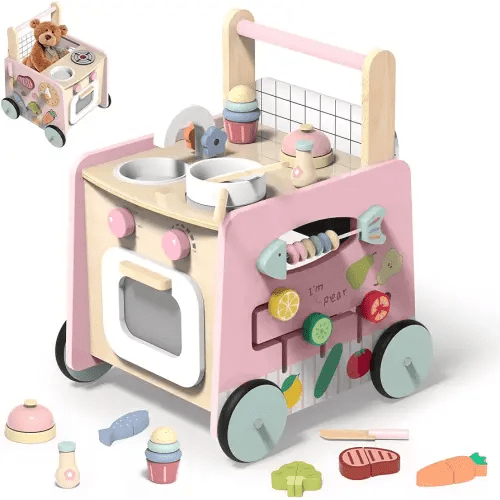 Wooden Baby Walker 9-in-1 Activity Center with Toddlers Montessori Sensory Toys and Play Kitchen Push Walker for Kids with Wheels and Storage Space, Ideal Gift for Girls Boys Ages 6-36 Month