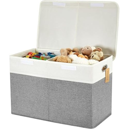 Large Toy Storage Box with Lid, Collapsible Toys Storage Organizer Bins with Dividers and Handles, Storage Chest Bin for Kids, Boys, Girls, Nursery 25"x13" x16" (Gray & White)
