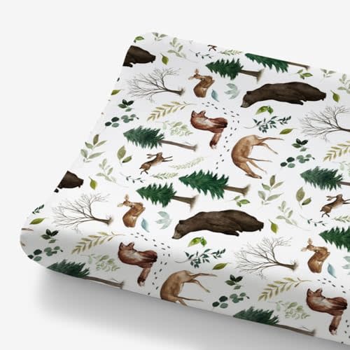 HawSkgFub Animals Pine Tree Changing Pad Cover for Baby Girl Boy, Natural Forest Bear Deer Fox Diaper Change Table Covers, Soft Stretchy Safe Snug Fitted Changing Mat Sheets Fit 32"/34" x 16"