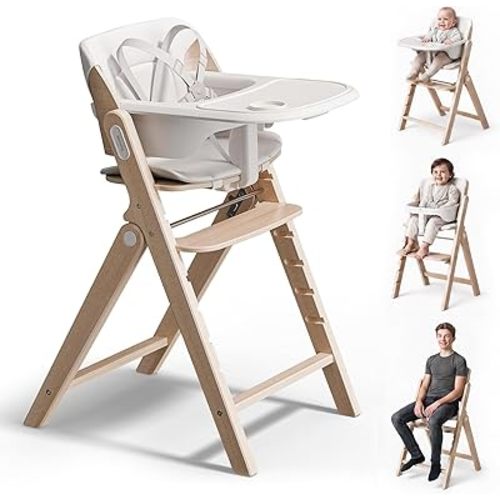 Mamazing GrowPod Pro Wooden Baby High Chair for 6 Months to 300lbs, Easy to Clean with Tray, Compact Foldable Highchair for Kitchen & Dining Room, with 5-Point Safety Harnesses and Guard Bar