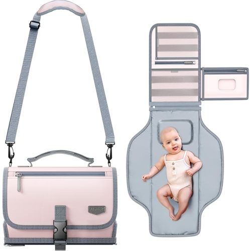 Portable Diaper Changing Pad with Shoulder Strap, Detachable Travel Changing Pad with Baby Wipes Pocket, Gifts for Baby Shower, Newborn Girls and Boys (Pink)