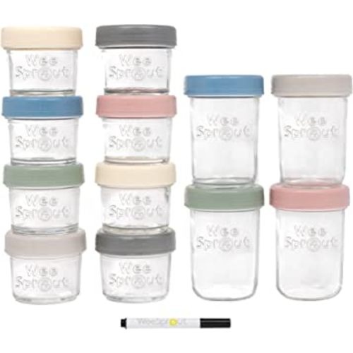 WeeSprout Glass Baby Food Storage Jars - 12 Set, 4 oz/8 oz Baby Food Jars, Plastic Lids, Freezer Storage, Reusable Small Glass Baby Food Containers, Microwave & Dishwasher Safe, for Infant & Baby Food