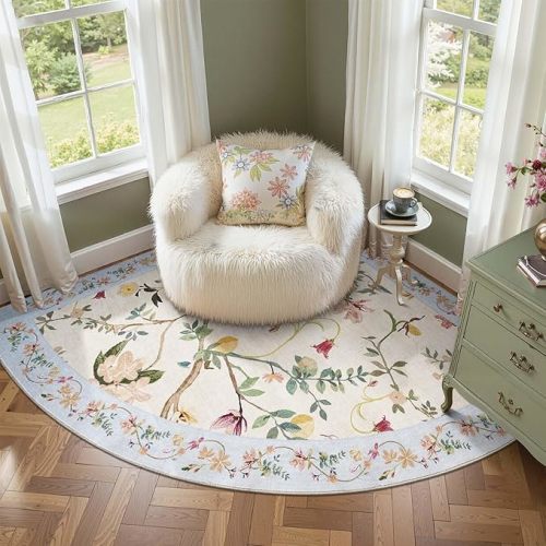 jinchan Floraison Floral Rug for 5FT Radius Corner Washable Sector Rug Oriental Flower Design Non Slip Quarter Circle Lightweight Low-Pile Throw Carpet for Bedroom Reading Nook Office Beige/Blue