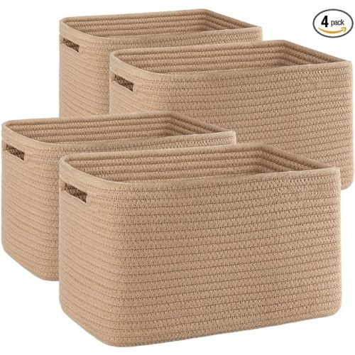 4 Pack Storage Baskets for Organizing, Woven Baskets for Shelves - Perfect for Toys, Books, Towels, and Clothes, Durable Gift Basket Bins Toy Storage, 12.7''L x9''W x7.8''H, Jute