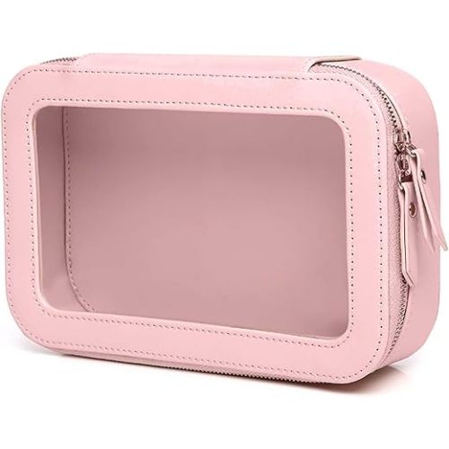 Clear and Waterproof Makeup Bag Portable Travel Cosmetic Case Organizer for Women Toiletry Pouch with Transparent Vinyl Windows & Zippers (Pink)