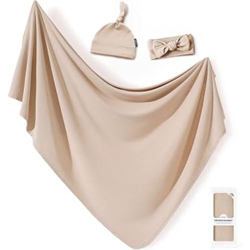 GRSSDER Newborn Swaddle Blanket, Ultra Soft Jersey Receiving Blanket with Matching Headband and Beanie Set 33×44", Stretchy Baby Neutral Swaddle Wrap for Girls and Boys