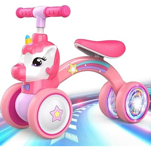 Unicorn Baby Balance Bike Ride on Toys for 1 2 Year Old, Toddler Bike, Birthday Gifts for 1 2 Year Old Girls, Colorful Lighting Silent Wheels, No Pedal, Safe Baby First Bike & Birthday Gift