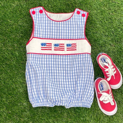 Flag Smocked Boy Bubble in light blue gingham -  American Flag, 4th of July, Memorial Day, Army Navy Marine Graduation, Baby Boy 432 *F