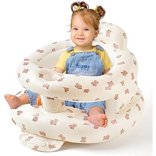Inflatable Baby Seat for Babies 3-36 Months, Sit Up Chair Built in Air Pump Blow Up Infant Back Support Floor Seat for Bebe 3 Months & Up, Large Space Inflatable Baby Chair (Biscuit Bear-Large)