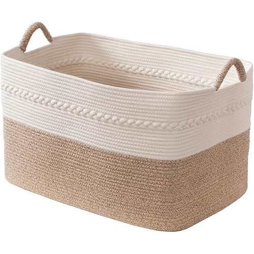 Extra large laundry basket woven from natural cotton rope with handles storage blankets for living rome big decorative quilted baskets for clothes toys pillows hamper 24"x16"x14" white/brown