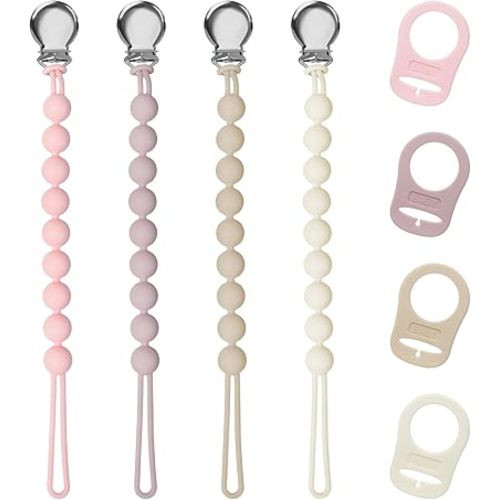 Pacifier Clips for Baby Girl Boy, Silicone Binky Holder with Adapter Ring for MAM Pacifiers, Baby Newborn Essentials Shower Birthday Gift (4-Pack)