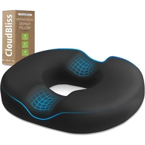 CloudBliss Donut Pillow Stadium Seat Cushion for Tailbone Pain Relief and Hemorrhoids, Memory Foam Seat Chair Cushion, Portable Seat Cushions for Bleachers, Car, Home & Office