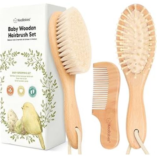 Baby Hair Brush and Comb Set for Newborn - Wooden Baby Hair Brush Set with Soft Goat Bristle, Baby Brush Set for Newborns, Baby Brush and Comb Set Girl,Toddler Cradle Cap Brush (Oval, Walnut)