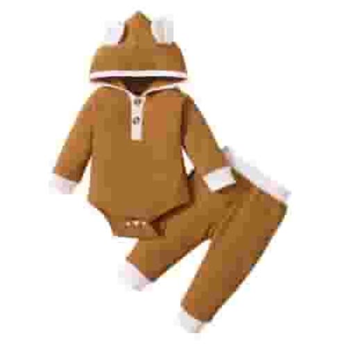 Atogsazn Baby Boy Clothes Outfits Infant Fall Winter Outfits Long Sleeve Solid Hoodie Romper + Pants Clothing Set 2Pcs Coffee 0-6 Months on Clearance