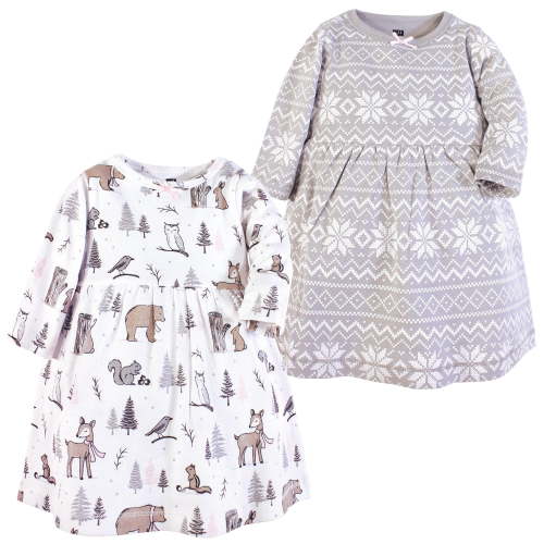 Luvable Friends Hudson Baby Long-Sleeve Dresses 2pk, Frosty Woodland, 6-9M