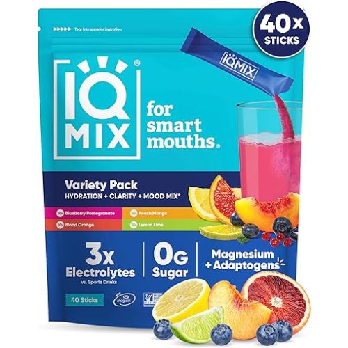 IQMIX Hydration Electrolyte Powder – 4-in-1 Formula for Hydration, Mental Clarity, Mood and Recovery – Sugar-Free Drink Mix, Keto, Magnesium L-Threonate, Lion’s Mane – 40 Count Variety Pack