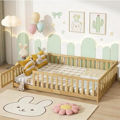 Bellemave Full Size Montessori Floor Bed with Rails, Pine,Rubber Wood Floor Bed with slats and a Small Door, Natural