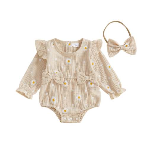 Baby Girl Fall Bubble Romper Daisy Print Long Sleeve Round Neck Bow Ju – August + Willow