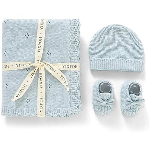 Organic Cotton Baby Blanket Knit Beanie Hat Booties Set Newborn Swaddle Receiving Blanket for Boy Girls