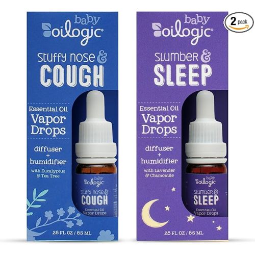 Oilogic Baby Essential Oil Vapor Drops for Diffuse & Humidifier, 2-Pack Set with Stuffy Nose & Cough + Slumber & Sleep - Baby Aromatherapy Oil is Safe for Babies, Kids & Toddlers