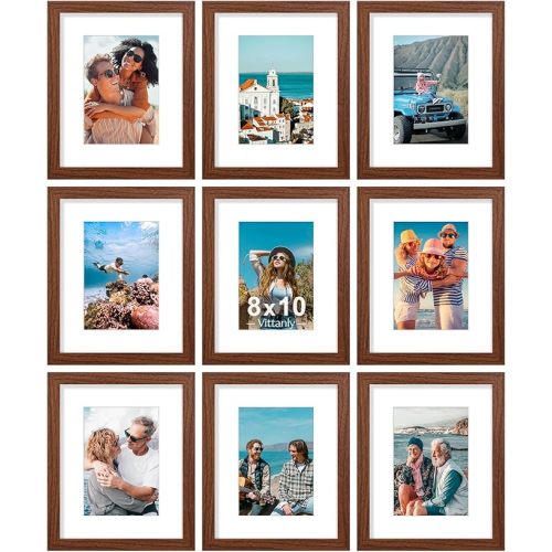 Vittanly 8x10 Picture Frames Set of 9, Shatter Resistant Plexiglass, Display 5x7 Pictures with Mat or 8x10 without Mat, Photo Frames for Wall or Tabletop, Engineered Wood, Wood Grain Brown