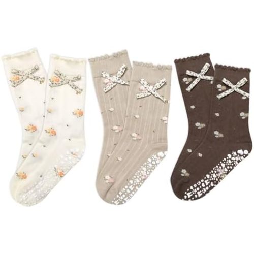 3Pairs Cute Pilates Grip Socks for Women Ruffle Bow Floral Pattern Non Slip Grip Socks for Yoga, Barre, Barefoot