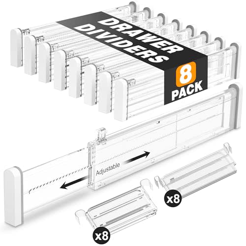 HiYZ Expandable Drawer Dividers with Inserts - Adjustable Drawer Organizers Separators for Kitchen, Bedroom, Dresser, Office, 8 Long Dividers(12.6-22.8 IN) with 16 Inserts(3.9-7.1 IN)-Clear