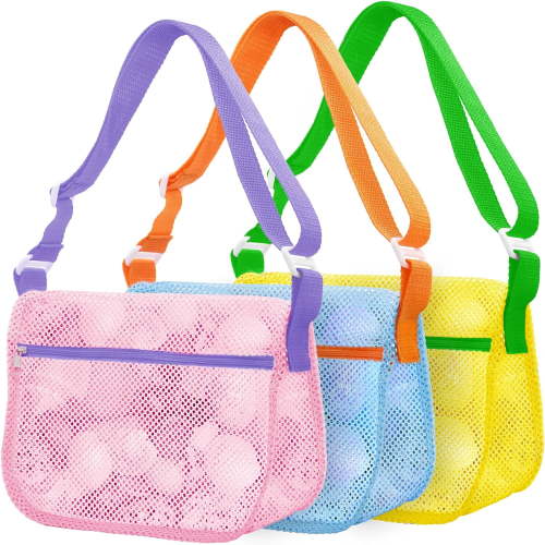 Beach Shell Bags for Holding Beach Shell, 3Pcs Seashell Collecting Bags with Adjustable Shoulder Straps, Sand Toys for Kids Picking Up Shells