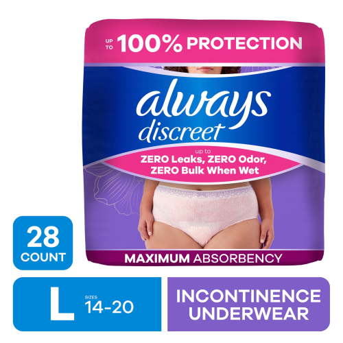 Always Discreet Adult Incontinence Underwear for Women & Postpartum Underwear, L, up to 100% Bladder Leak Protection, 28 Count HSA/FSA Eligible