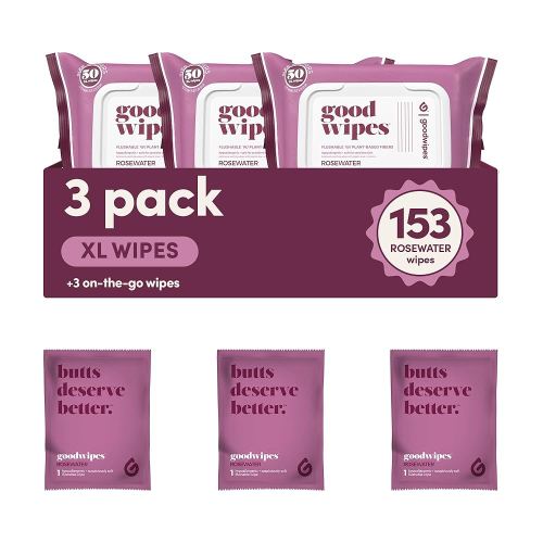 goodwipes Flushable Butt Wipes - Vitamin E & Aloe - Sewer & Septic Safe - Extra Large Adult Wet Wipes For Women & Men - Bathroom Essentials - Rosewater, 153 Count (3 Packs + 3 Individually Wrapped)