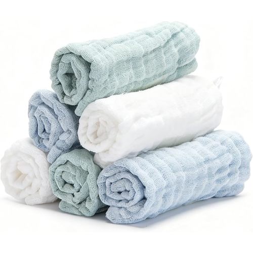 Organic Muslin Baby Washcloths 6 Pack Baby Bath Face Towel 12x12 Inch Extra Absorbent and Soft Burp Cloth and Wash Cloths for Newborn-Infants On Sensitive Skin (White Blue Green)