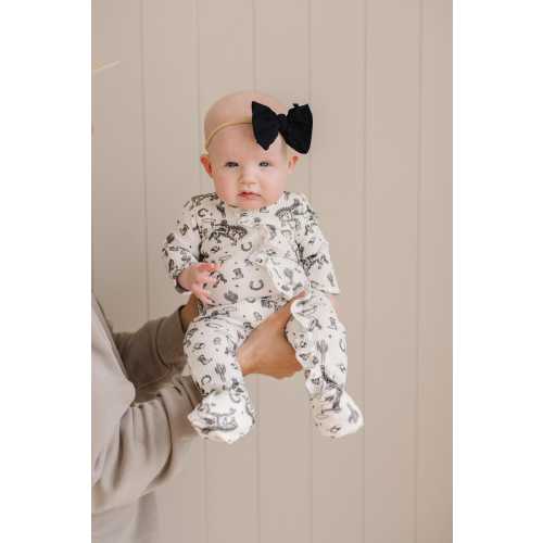 Cowboy Print Ruffle Sleeper, (Black Print) Ruffle Sleeper, Horse, Footed Pajamas, Jammies, Fold-over hands, Fold-over feet, Zipper Sleeper
