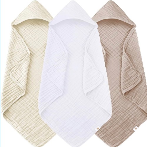 Sunny zzzZZ Muslin Hooded Baby Bath Towels - 3 Pack 100% Cotton Soft Low-Saturation Pastel Towels Including Classic White for Newborns, Infants, Toddlers - 32x32 Inch - Ivory, Brown and White