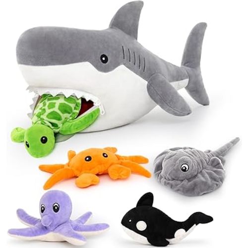 MorisMos 23in Shark Stuffed Animal with 5 Baby Plush Inside, Mommy Stuffed Shark Surprise Toy Set, Cute Ocean Sea Creatures Stuffed Animals Gift for Kids, Girls, Boys Birthday Christmas