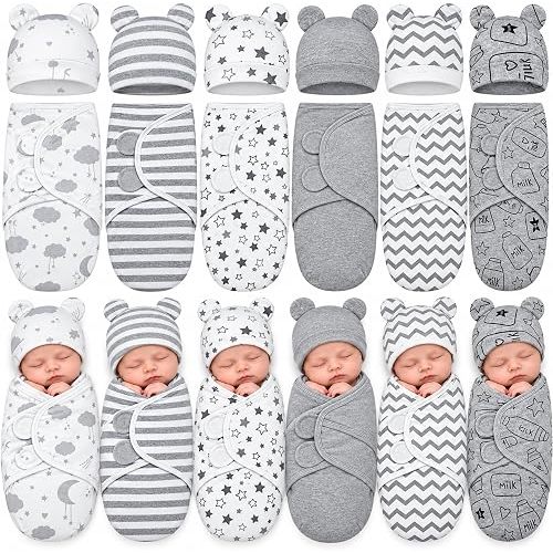 Ramede 6 Pack Baby Swaddle Blankets with Hats,Star,Grey