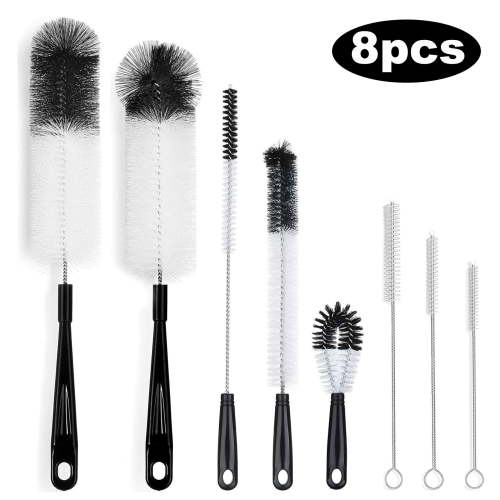 TSV 8pcs Bottle Cleaning Brush Set, Long Handle Bottle Cleaner for Narrow Neck Wine/Beer Bottles, Cup, Kettle Spout, Straw Brush, Black
