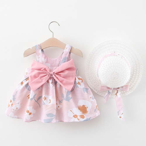 LoyisViDion Baby Girls Dress Toddler Baby Kids Girls Floral Flowers Princess Dress Hat Outfits Clothes Pink 18-24 Months