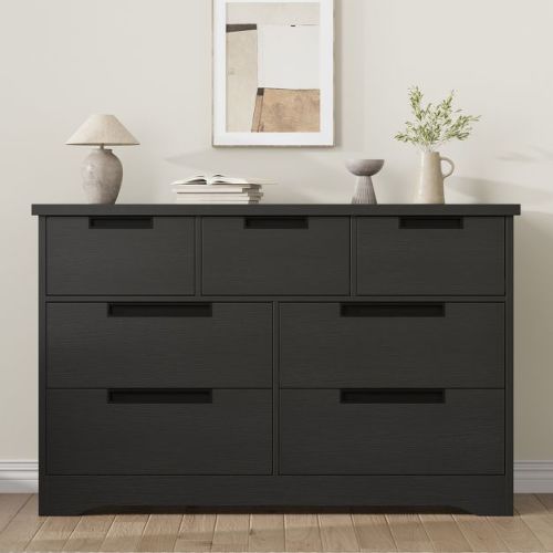 7 Drawer Dresser for Bedroom, Black 7 Chest of Drawers with Embedded Handles, Wooden Dresser Organizer Tv Stand for Living Room Nursery Hallway