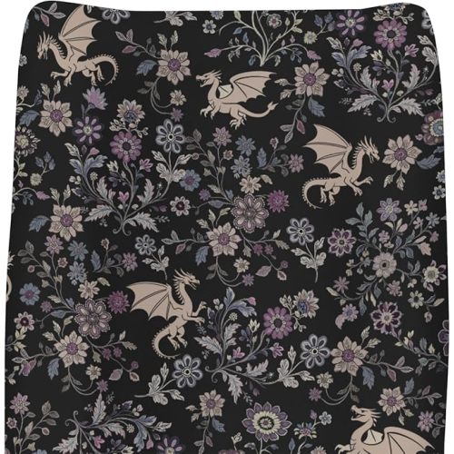 Fantasy Floral Dragons Changing Pad Covers for Baby Girls Boys Fairytale Dragon Gothic Black Purple Flowers Fitted Changing Table Cover Mats Myth Animal Soft Diaper Changing Table Sheets 32''×16''