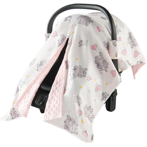 Baby Car Seat Cover, Minky Infant Carseat Covers with Snap Peekaboo Opening | All-round Protection, 3D Minky Dot Material, Multi-Use Stroller Cover, Nursing Cover & Plush Blanket for Baby, Love Elephant