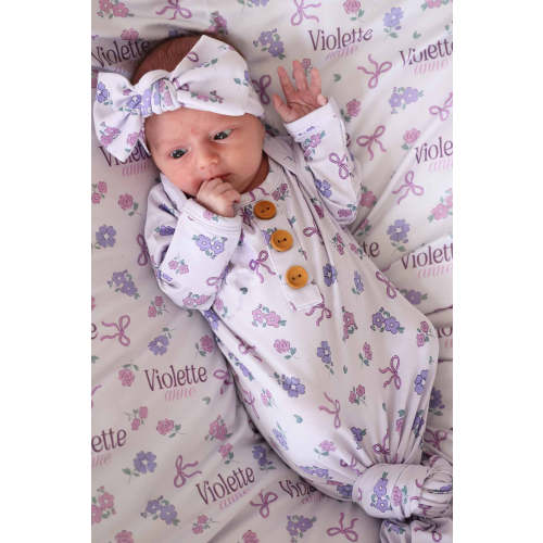 Ribbon & Roses Newborn Baby Knot Gown & Hat Set | Purple