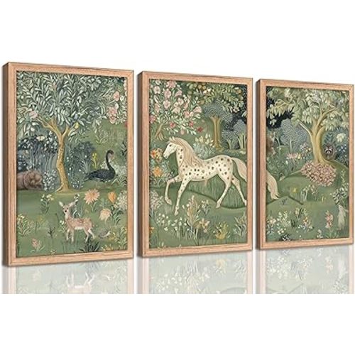 Framed Vintage Woodland Animal Nursery Wall Art Magic Horse Bear Deer Poster Green Fantasy Forest Botanical Pictures Decor Fairy Tale Nature Painting Canvas Print Artwork for Kids Room Living Room
