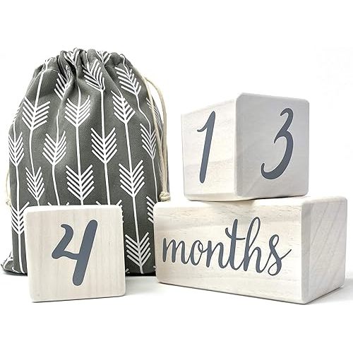 Pondering Pine Baby Milestone Blocks - Natural White Stain Pine Wood with Weeks Months Years Grade - Milestones Age Block Set with Bag, Newborn Weekly Monthly First Year Picture Props, Earth Friendly
