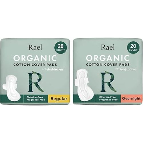 Rael Sanitary Pads for Women Day & Night Bundle - Feminine Care, Unscented, Chlorine Free, Hypoallergenic, Organic Cotton Cover Period Pads with Wings/Regular (28 Count) & Overnight (20 Count)
