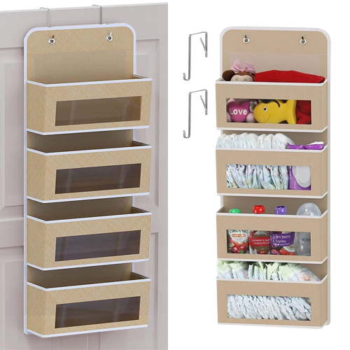 HioHa Over the Door Organizer, 4-Tier Hanging Closet Bathroom Storage with 6 Mesh Side Pockets, Wall Mount Toy Stuffed Animal Storage for Baby Essentials, Nursery, Bedroom, Bathroom, Dorm