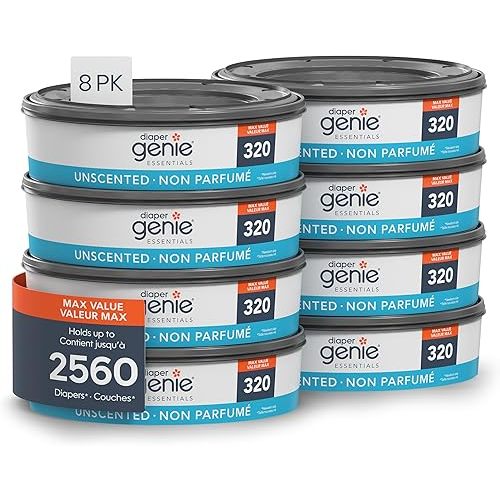 Diaper Genie Essentials Recharges rondes, paquet de 8 | Peut contenir jusqu'à 2560 couches pour nouveau-né | Doté d'un film continu non parfumé | Compatible avec les seaux Diaper Genie Complete et