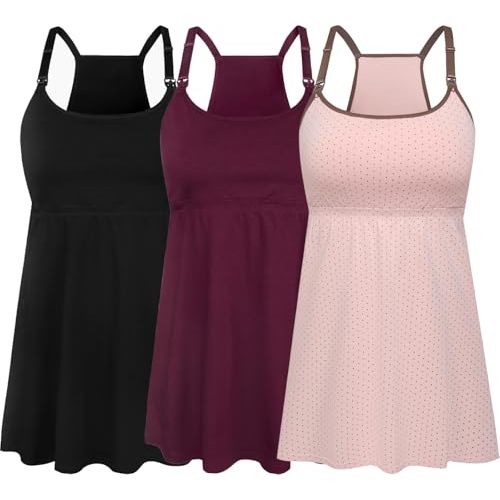 SUIEK 3 Pack Maternity Nursing Tank Tops with Bralette Cotton Breastfeeding Camisole