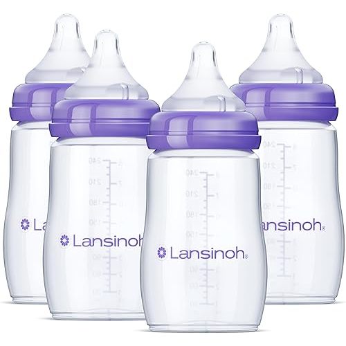 Lansinoh Anti-Colic Baby Bottles for Breastfeeding Babies, 8 Ounces, 4 Count, Includes 4 Medium Flow Nipples, Size M