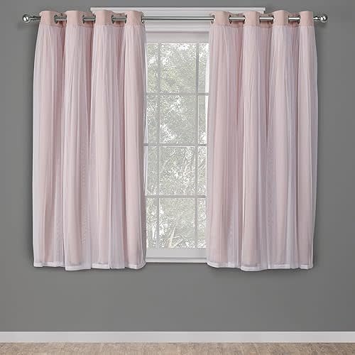 TOWN & COUNTRY LUXE Talia Double Layer Indoor Curtains, Sheer and Room Darkening Blackout, Grommet Top, Energy Efficient, 2-Pack Set, 52"x63", Rose Blush